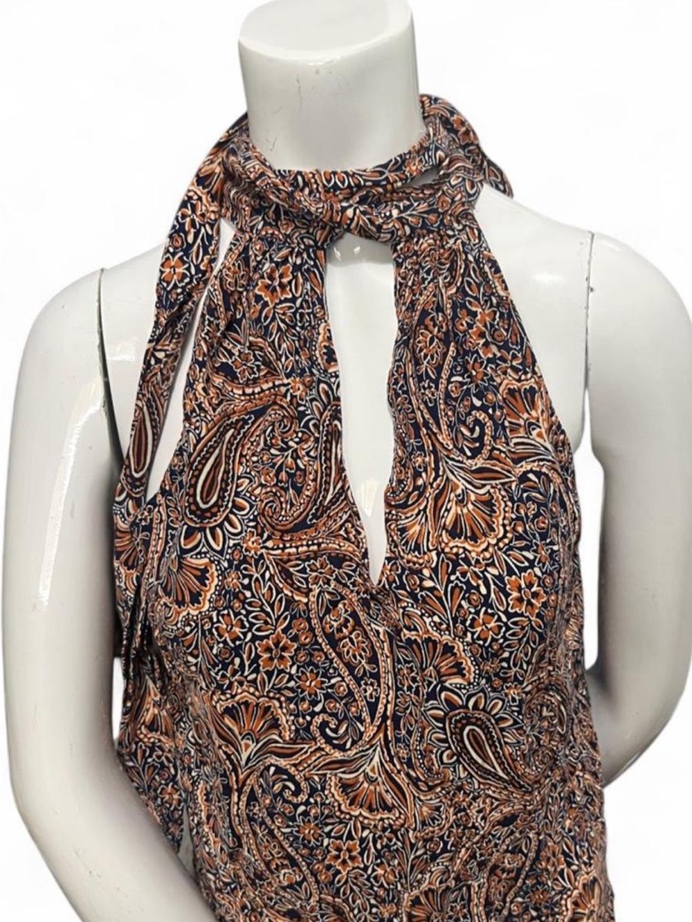 MSK Women's Paisley Halter Deep V Wrap Neck Maxi Dress in Navy and Orange